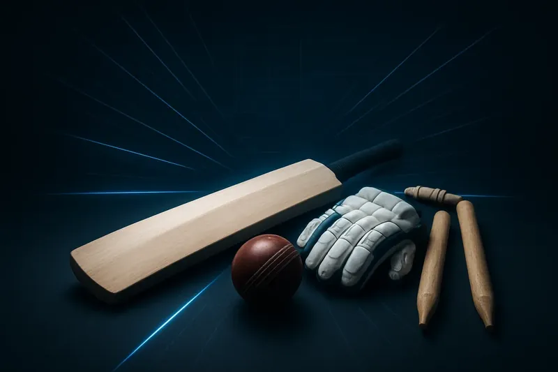 Cricket Gear Close-Up Close-up cricket equipment with neon speed lines and holographic interface