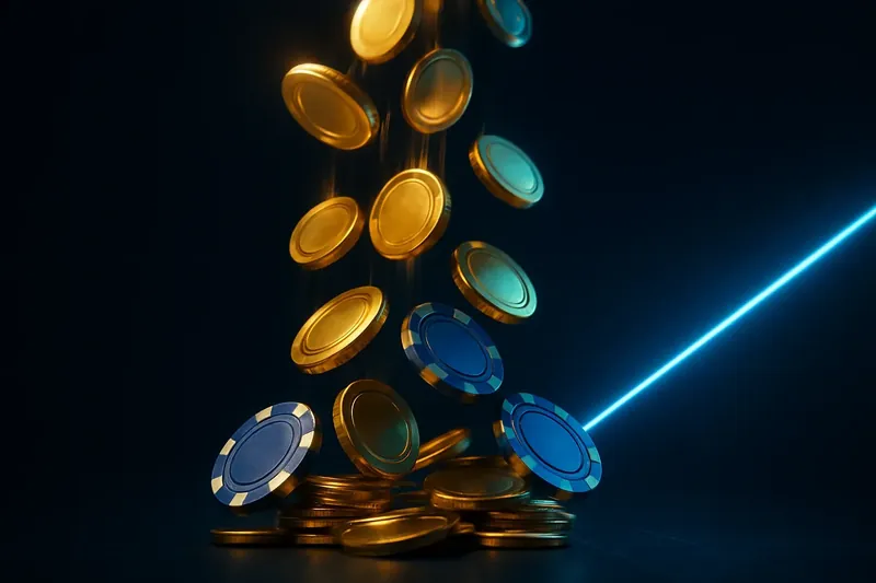 Golden coins and casino chips falling with green neon lighting