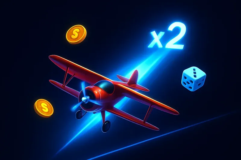 Red airplane crash game with glowing multiplier, coins and dice