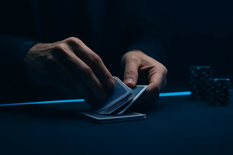 Close-up of dealer hands shuffling cards over green felt table