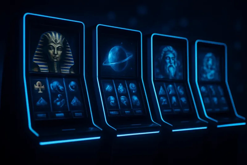 Five vivid video slot screens with neon lighting and themed graphics